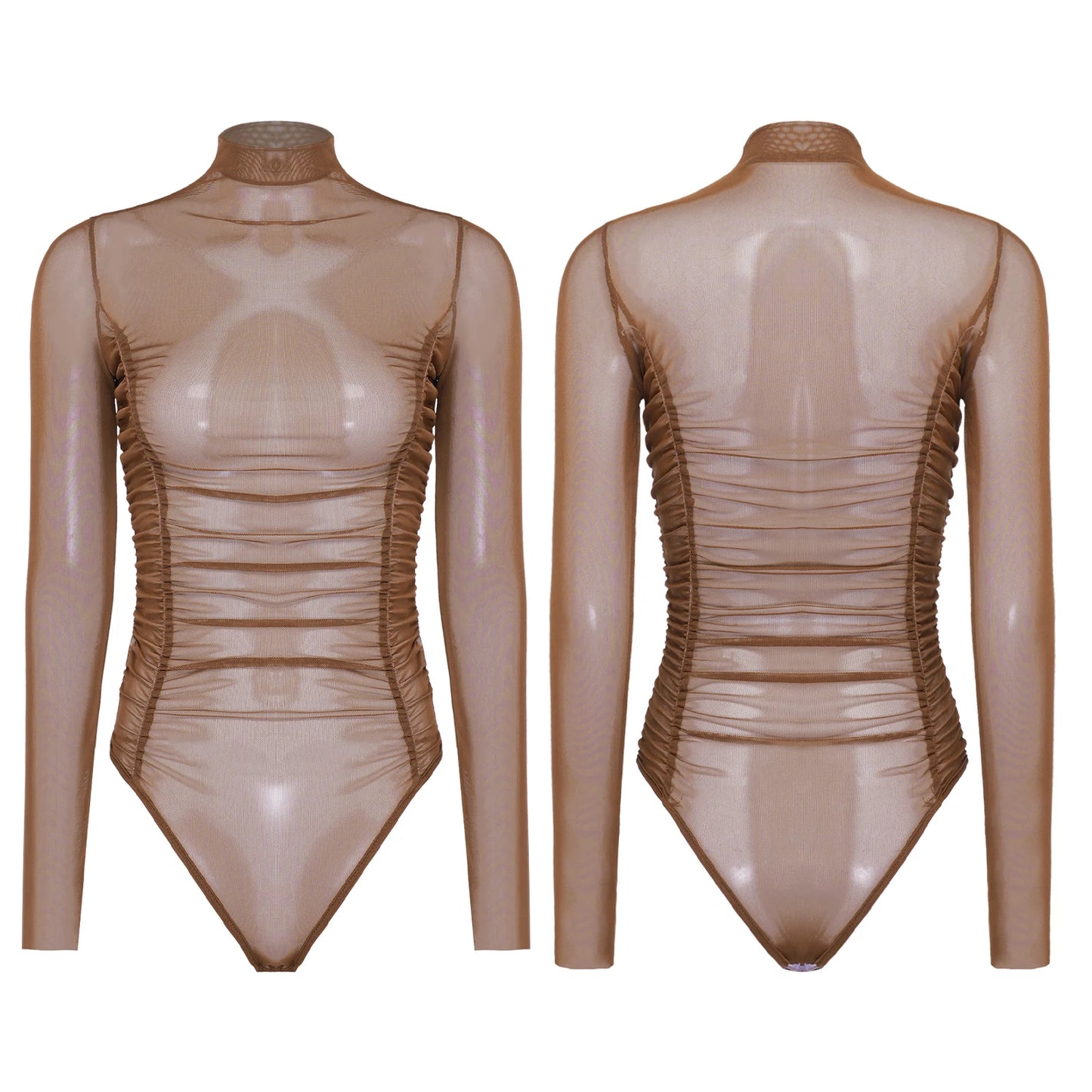 Womens Nightclub Beach Bodysuit Sheer Mesh Side Ruched High Collar Long Sleeve Button Crotch Leotard See Through Cover Up Outfit