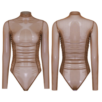 Womens Nightclub Beach Bodysuit Sheer Mesh Side Ruched High Collar Long Sleeve Button Crotch Leotard See Through Cover Up Outfit