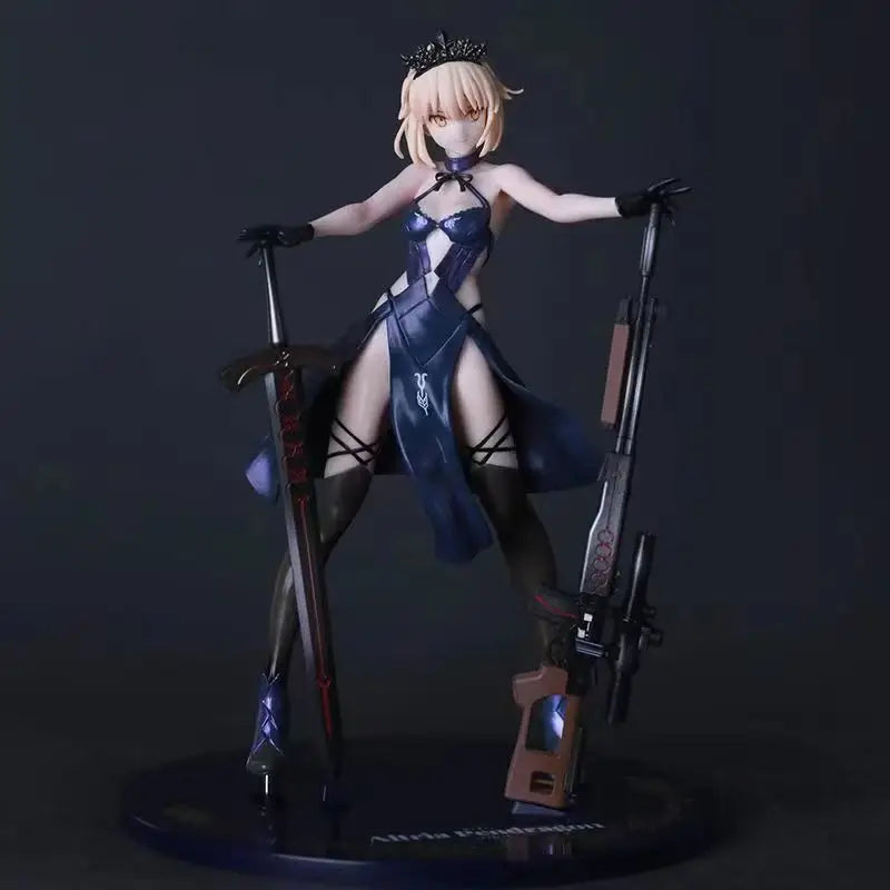Dark Armor Maiden Figure With Sword And Gun, Anime Style Tabletop Decoration Collectible