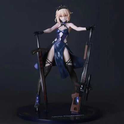 Dark Armor Maiden Figure With Sword And Gun, Anime Style Tabletop Decoration Collectible