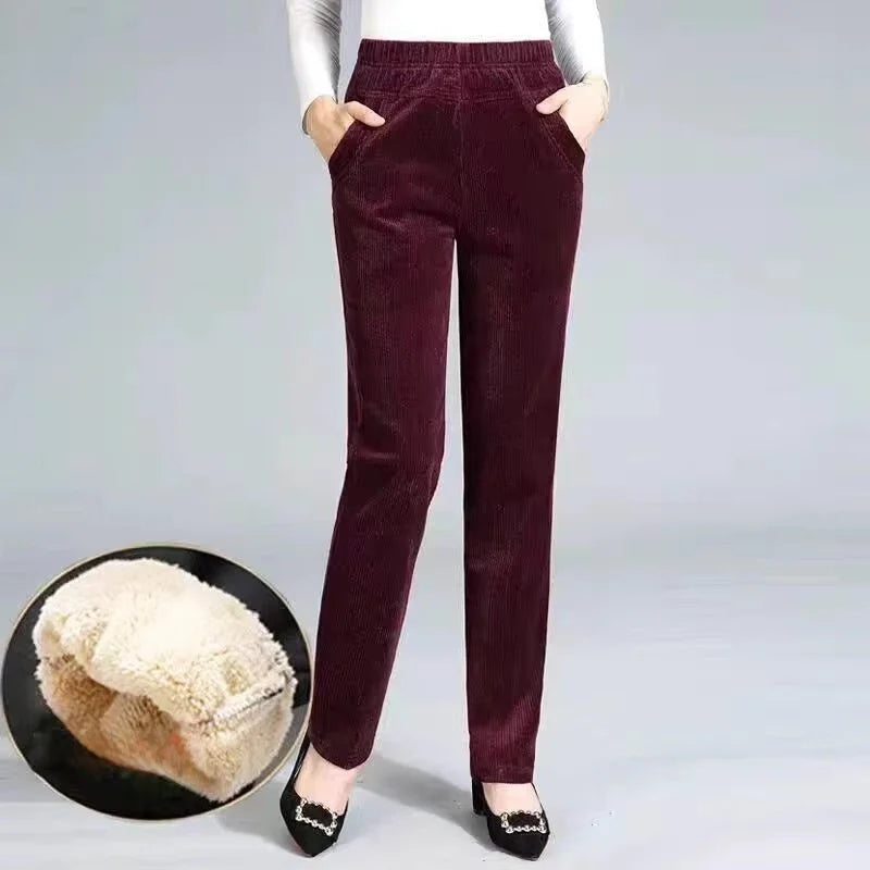 Thickened Fleece Corduroy Pants High Waist Harlan Style Winter 2024 New Women's Casual Trousers Elastic Waist Pocket Detail
