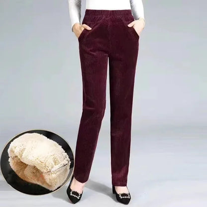 Thickened Fleece Corduroy Pants High Waist Harlan Style Winter 2024 New Women's Casual Trousers Elastic Waist Pocket Detail