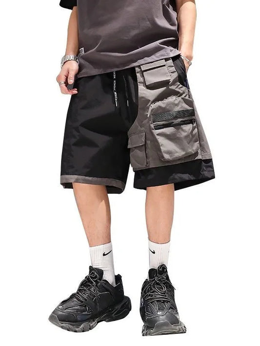 American High Street Retro Color Block Workwear Shorts Men's Summer Loose Outdoor Quick Dry 5-Quarter Pants Trendy Mid-Pants