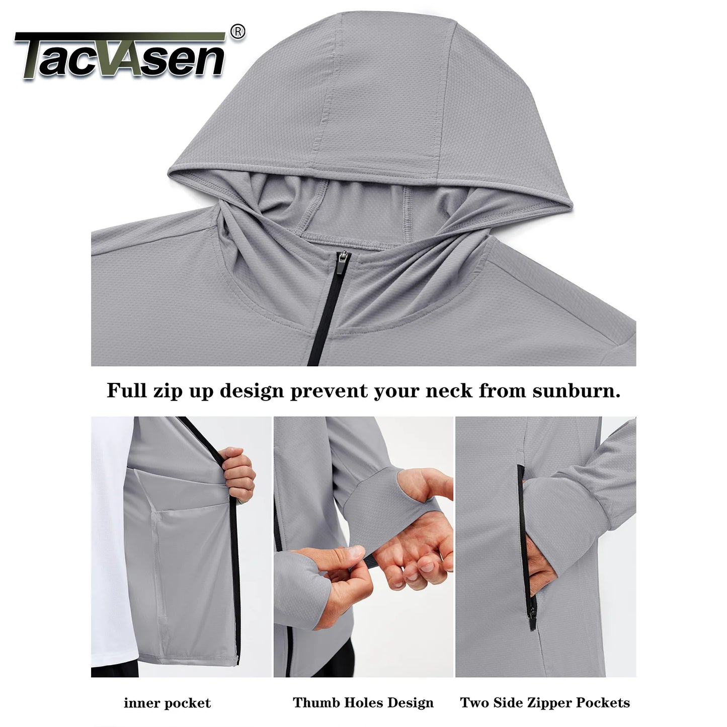 TACVASEN Men's Full Zip UPF 50+ Sun Protection Jacket, Lightweight Hooded Fishing Shirt with 4 Pockets & Thumbholes, Breathable