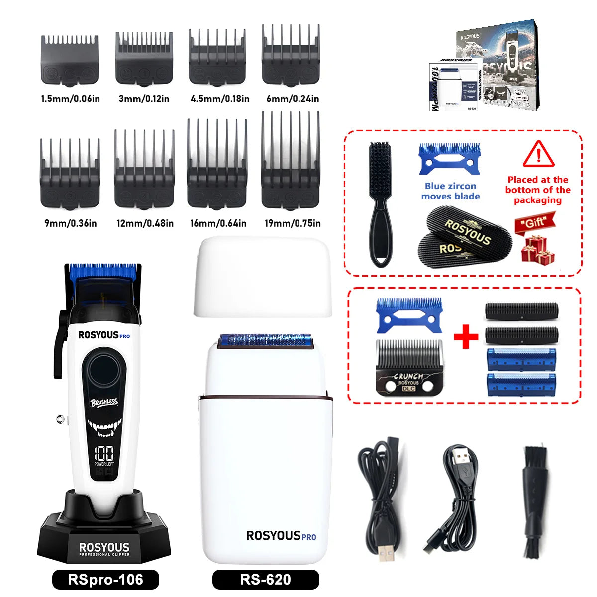 ROSYOUS RSpro-202 Hair Trimmer for Men DLC T-Blade 8000RPM Brushless Motor with Base Charger Professional Hair Cutting Machine