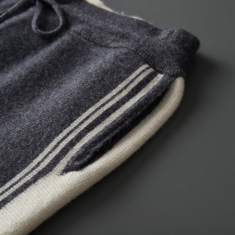 100% wool men's matching set hooded collar zipper cardigan jacket casual knitt pants pocket loose 2-piece set sports suit stripe