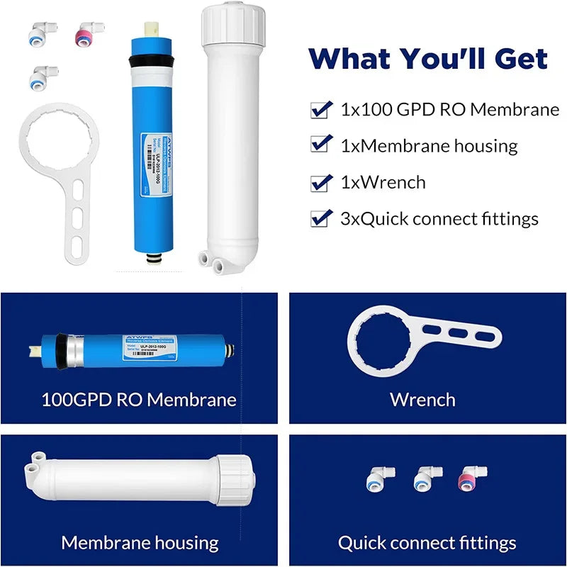 100 GPD RO Membrane, with Housing, Replacement for Drinking RO Water Filter, Wrench,1/4" Quick-Connect Fittings,Check Valve