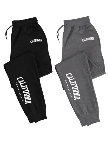 2 Pack Men's Print Polyester Joggers, Drawstring Waist, Wrinkle-Resistant, Breathable, Slim-Fit, Cuffed Hem, Ideal for S