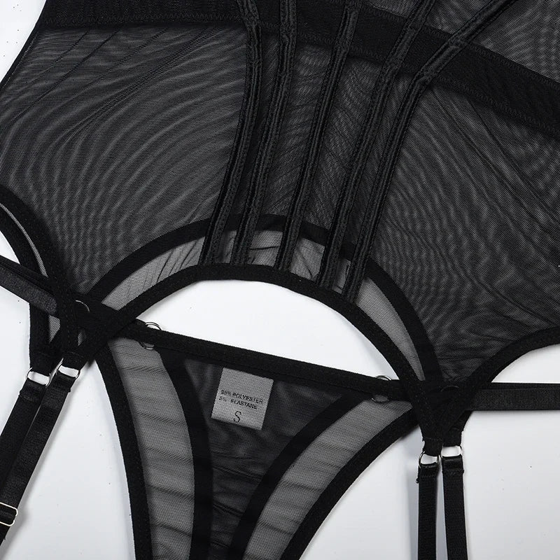 Mesh  Lingerie Luxury Brand Bodysuit Backless Tops for Women 3 Piece Lingerie Set with Garter Sexydresses for Women