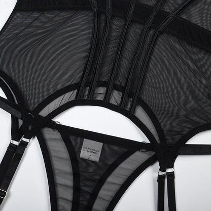 Mesh  Lingerie Luxury Brand Bodysuit Backless Tops for Women 3 Piece Lingerie Set with Garter Sexydresses for Women