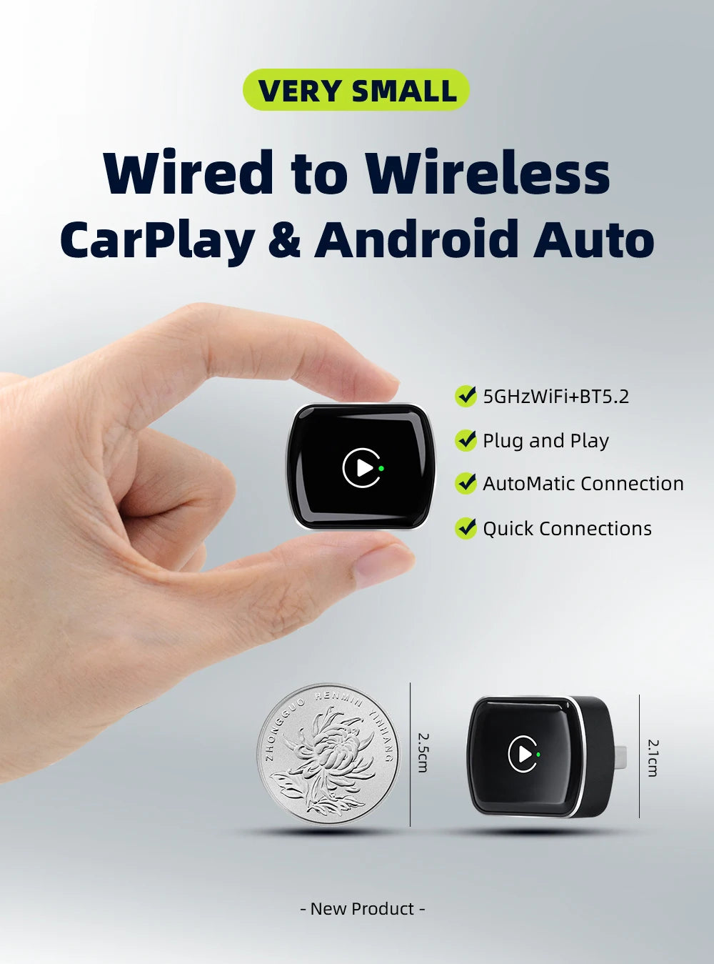 KEBIDUMEI Wired to Wireless Carplay Mini Car AI Box Adapter 5.0GHz WiFi Android Auto Bluetooth 5.2 Smart Dongle Car Accessories