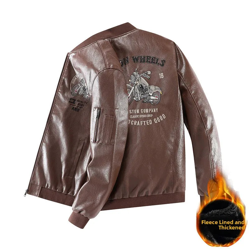 Leather Jacket Men's Baseball Collar Fleece Lined Thick Loose Casual Trendy Motorcycle Clothes Jacket Embroidered Outerwear