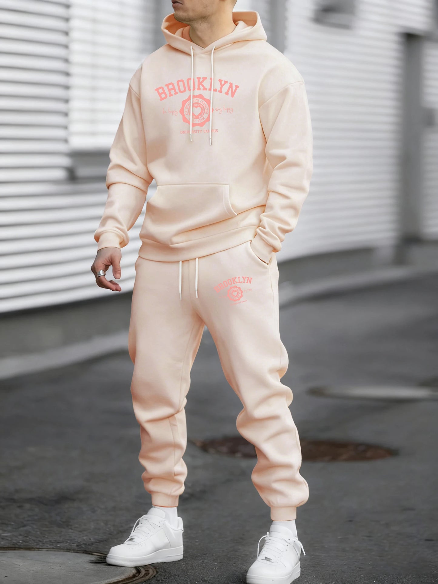 Brooklyn Best Team Heart Print Men Sportsuit Autumn Hip Hop Hoodies Soft Fleece Simple Pants Maleloose Fashion Sportswears