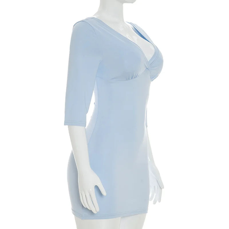Tsiisd Women's Blue Deep V Neck Mini Dress Slim Office Commute Summer Daily  Streetwear Fashion Party Dress Female Bodycon Dress