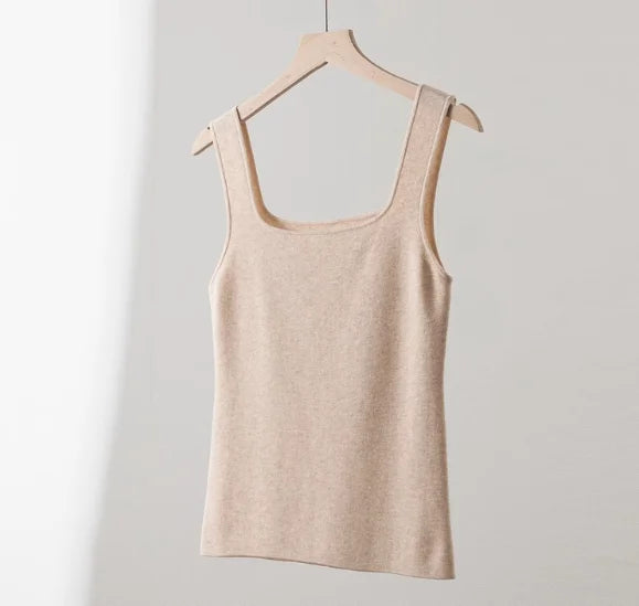 100% Superfine Merino Wool French Square-Neck Knit Camisole for Women, Slim Fit, Elegant, Versatile, Thin, Suitable for Work and Casual Wear