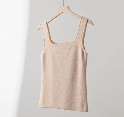 100% Superfine Merino Wool French Square-Neck Knit Camisole for Women, Slim Fit, Elegant, Versatile, Thin, Suitable for Work and Casual Wear