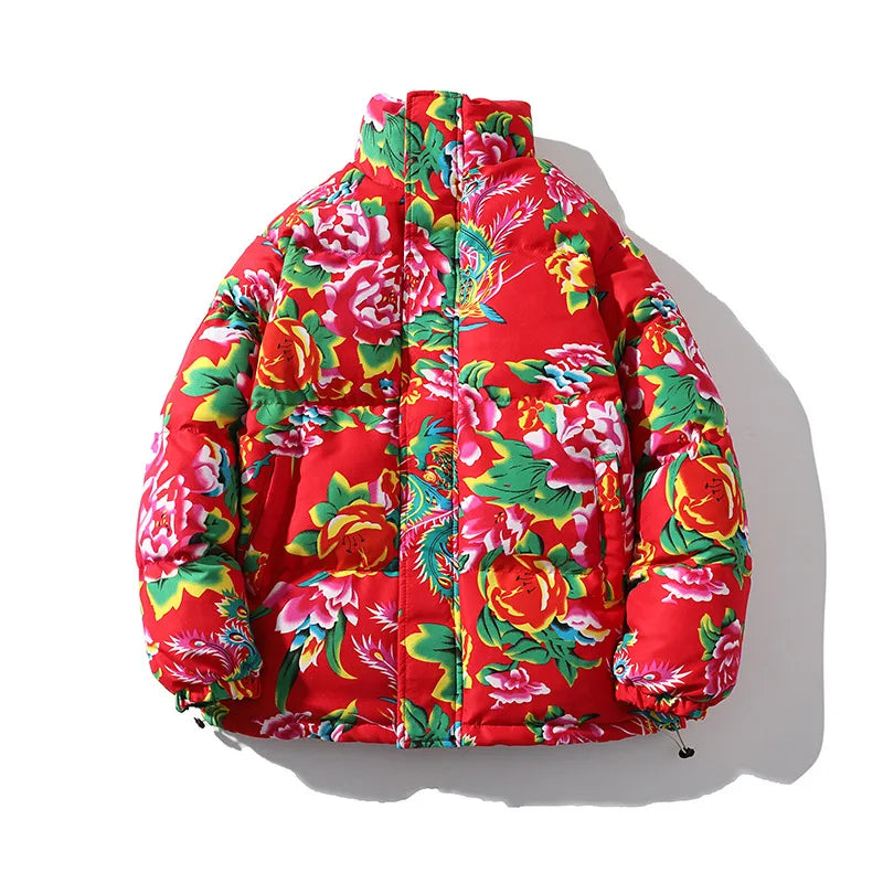 Thickened Long over Knee Hooded Fleece Lined Northeast Big Flower Coat Men's Cotton Jacket Youth Fashion Sport Scene Casual Coat