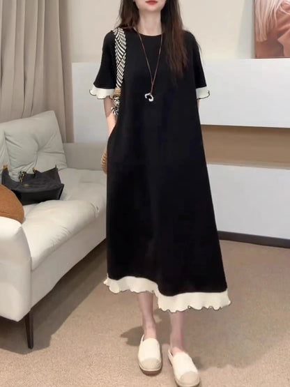 Summer New plus Size Slimming Black Dress with White Flower Hem Straight Tube Top Short Sleeve Comfortable Breathable Women's...