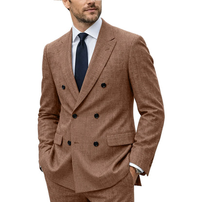 Men's Linen Suit Set  Double Breasted Slim Fit Peak Lapel Formal Blazer Pants Breathable Business Wedding Groom Tuxedo