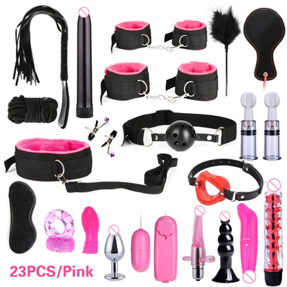 Hot Exotic Bed Bondage Set BDSM Kits Exotic Sex Toys For Women Adults Games Leather Handcuffs Whip Gag Nipple Clamps Sex Shop