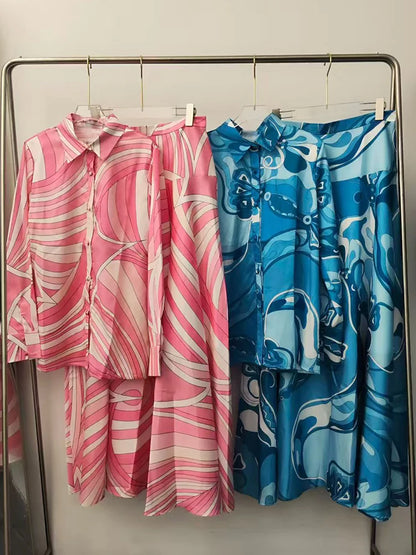 2026 Summer Women's Clothing Retro Geometric Print Lapel Long Sleeve Shirt Two-piece Set + Loose A-Line Skirt Fashion Suit