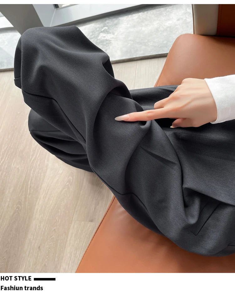 Seoulish Autumn Elegant Women's Wide Leg Pants 2024 New Korean Solid Button Casual Loose Office Full Length Trousers Female