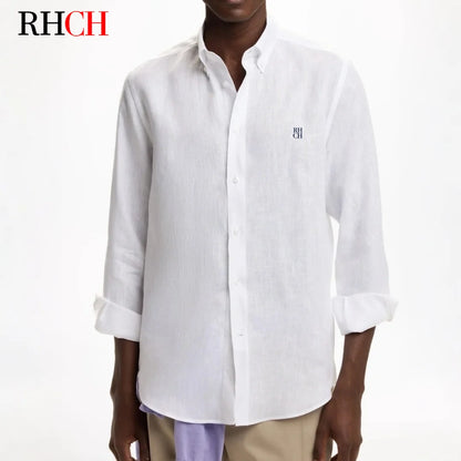 RHCH Men Pure  Shirt Luxury Embroidery Logo Button Down Collar Casual Breathable Solid Color Formal Business Shirts For Men