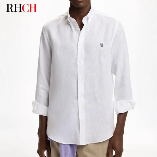 RHCH Men Pure  Shirt Luxury Embroidery Logo Button Down Collar Casual Breathable Solid Color Formal Business Shirts For Men