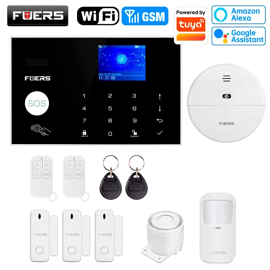 FUERS WIFI GSM Alarm System Wireless Home Burglar Security Alarm System works with Tuya Smart APP Control Motion Detector Sensor