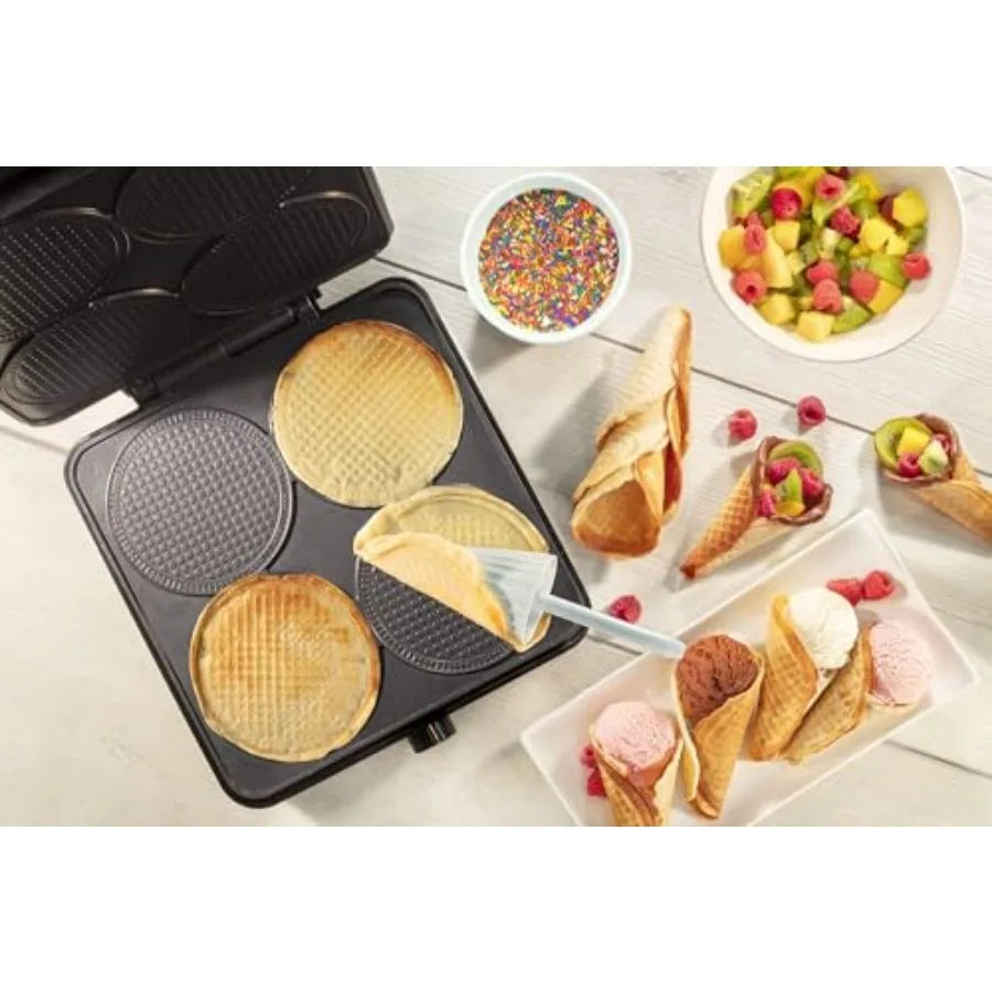 Mini Waffle Ice Cream Cone Maker - Bake 4 Homemade Mini Cones at Once Includes Shaper Roller - Make Fun Bite Sized Entertaining