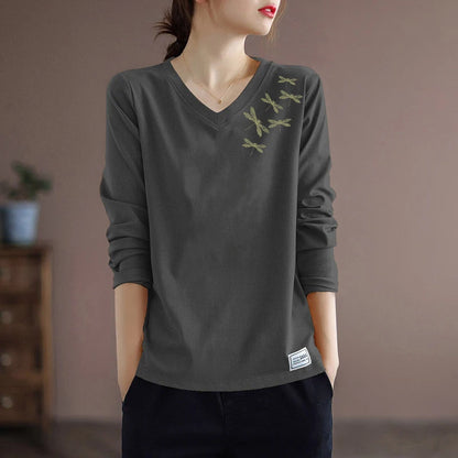 Pure Cotton Long Sleeve Women's T-shirt Autumn Season Versatile Base Layer Top Commute Style Loose Fit Regular Thickness