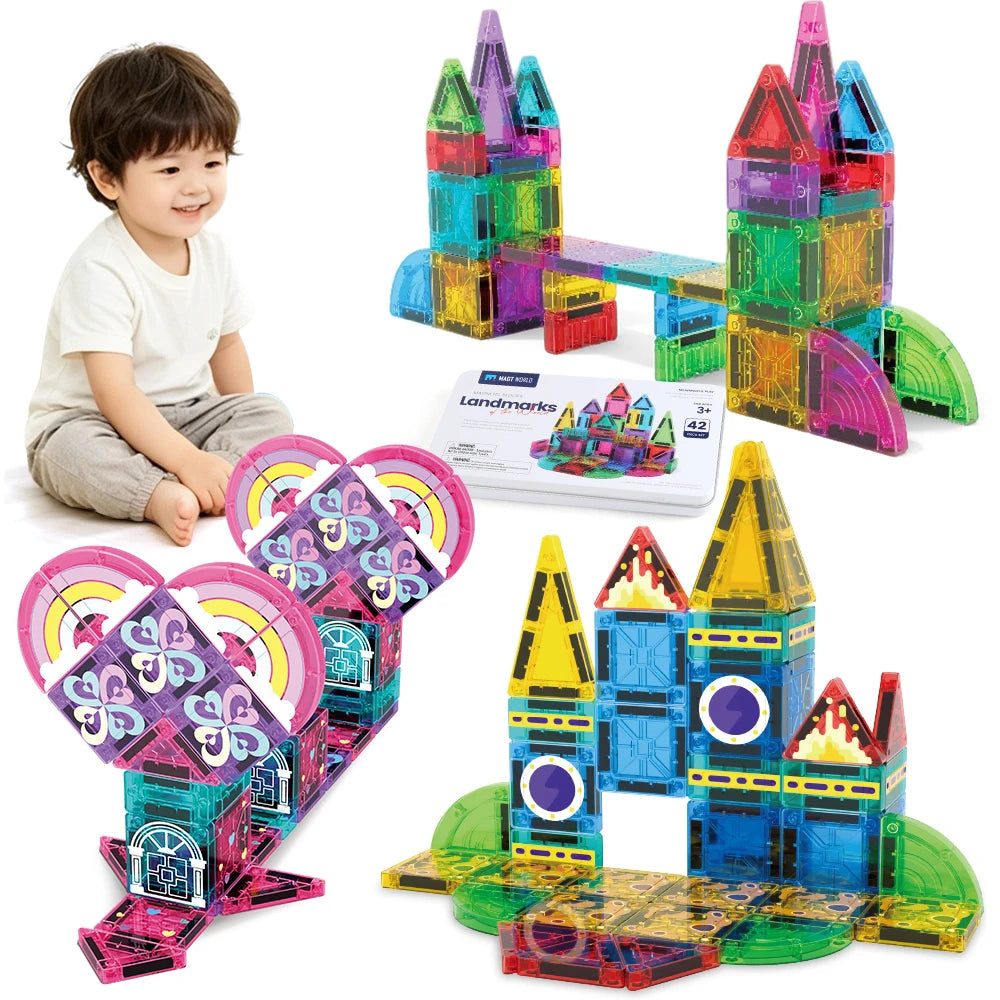 42 Pcs Magnetic Building Blocks, Kids Toy, Magnetic Tiles. Safe ABS Material Travel Pack Halloween Christmas Birthday Gift