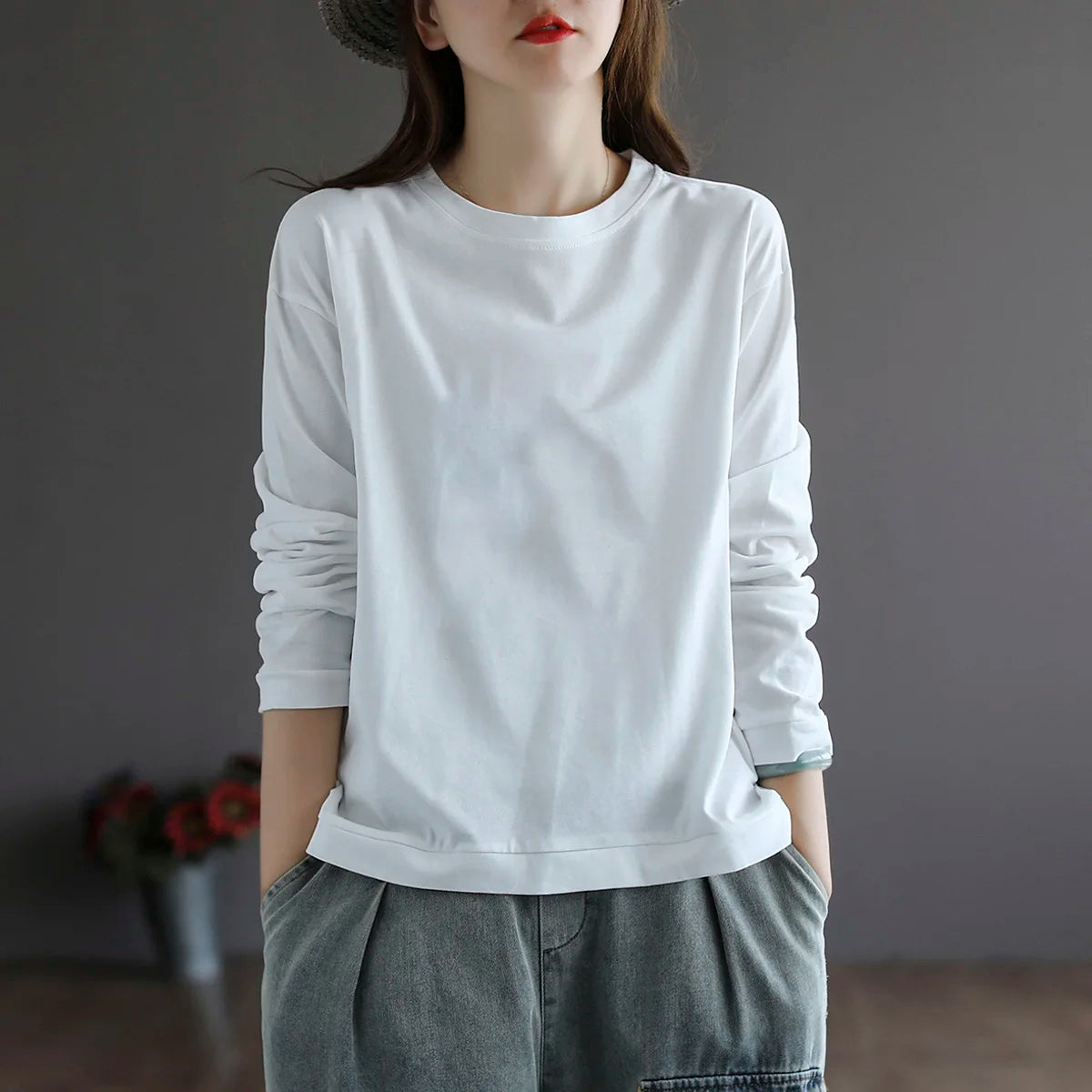 Retro Star Moon Pure Cotton Long Sleeve Pink Anti-Aging T-Shirt Women Loose Fashionable Spring Autumn Ladies Base Shirt Top