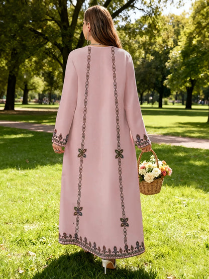 Middle Eastern Elegant Robe, New Spring and Autumn Style, Plus-Size Fashion Women's Clothing, Ethnic Print, Stylish, Loose and Comfortable, Holiday Style Long-Sleeve Dress