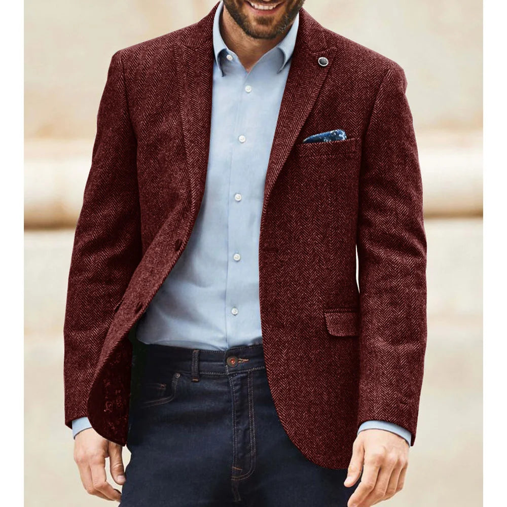 Men's Herringbone Tweed Suit Blazer Classic Notch Lapel Dress Jacket Elegant Slim Fit Fashion Simple Casual Business Outerwear