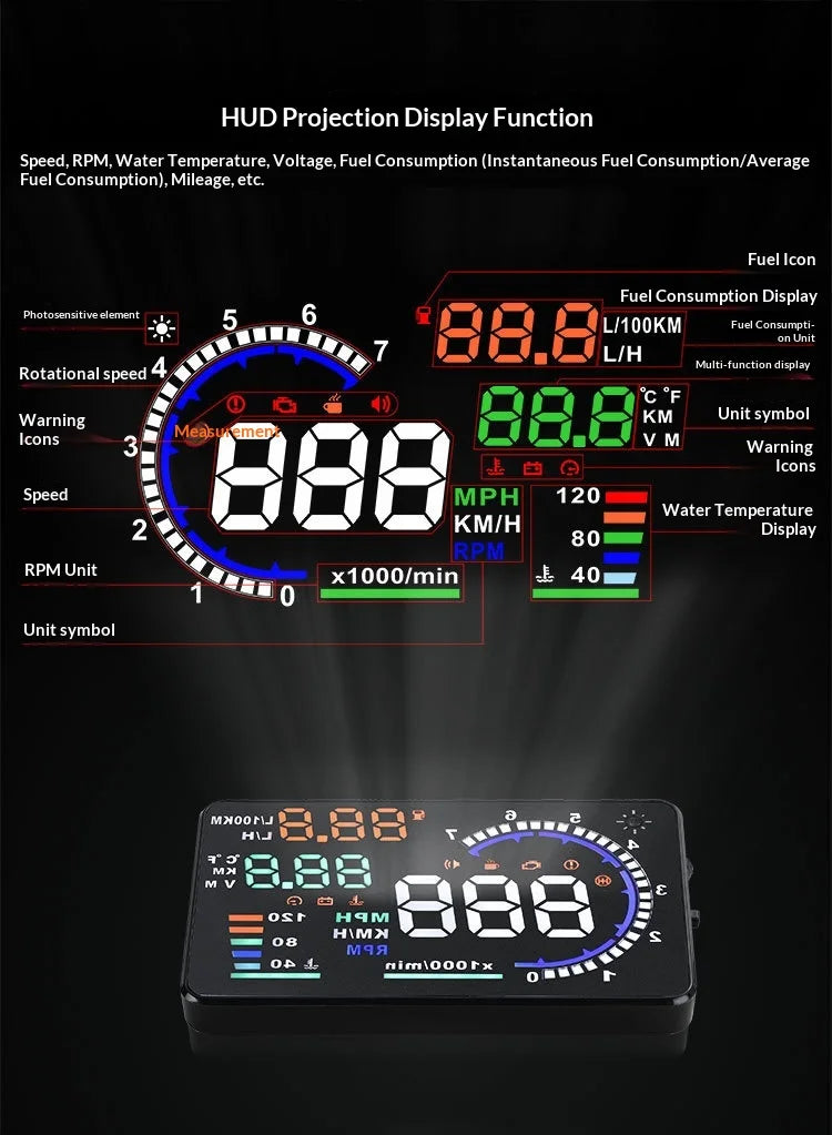 Head-up Display obdUniversal High-Definition Car Speed Projector Portable Car Display ScreenA8
