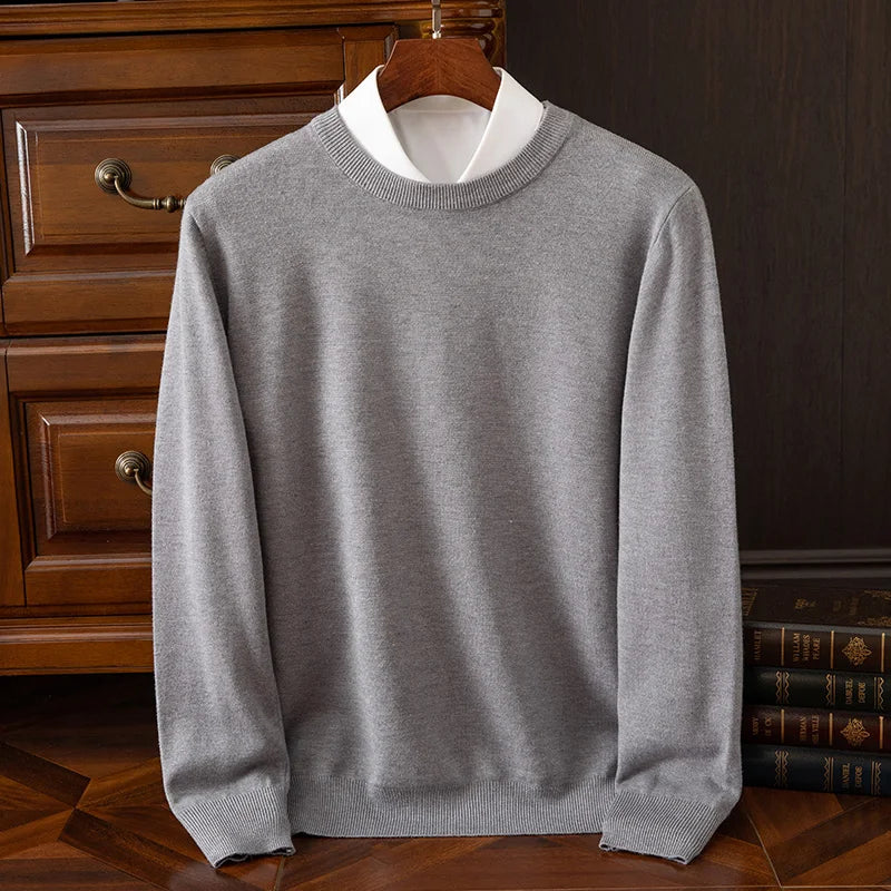 Autumn Winter Men's O-Neck Merino Wool Sweater New Versatile Basic Cashmere Pullover Casual Business Knitwear Sweater