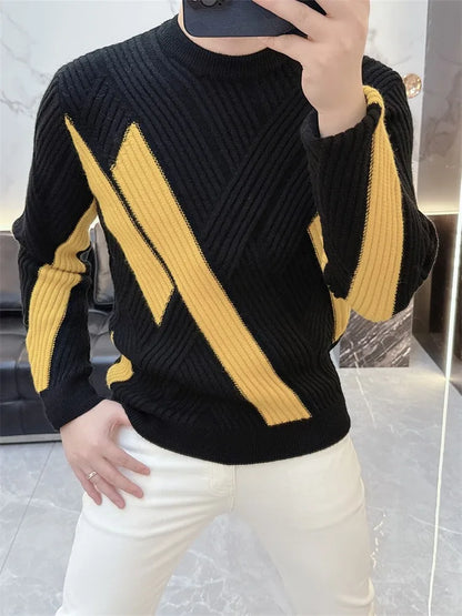 Men New Winter Knitwear Mixed Colors Long Sleeve Thicken Warm Woolen Sweater Mens Slim Fit O Neck Fashion Pullover Knitted Tops