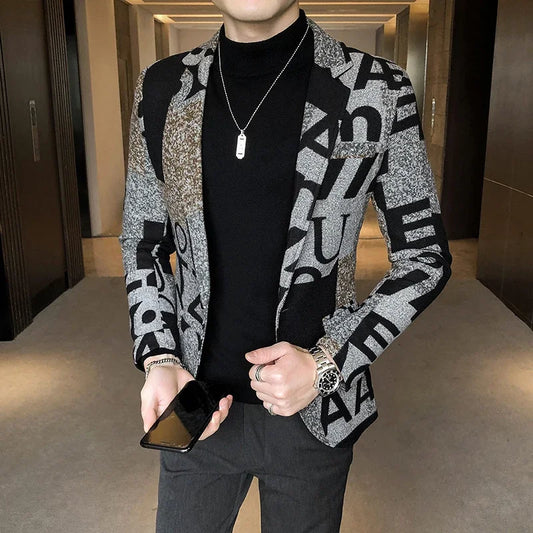 Men's New Suit Jacket Autumn and Winter Men's Letter Printed Suit Jacket Slim Lapel Comfortable Suit Jacket Fashion Woolenjacket