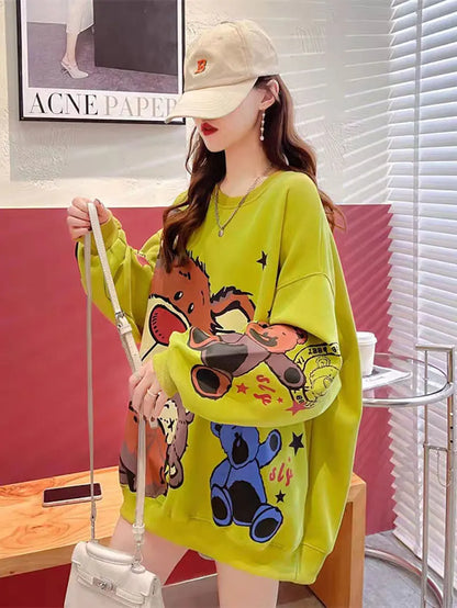 Spring Loose Fit Women's Hoodless Sweatshirt Thin New Korean Style Casual Outerwear Top Bamboo Cotton Long Sleeve round Neck