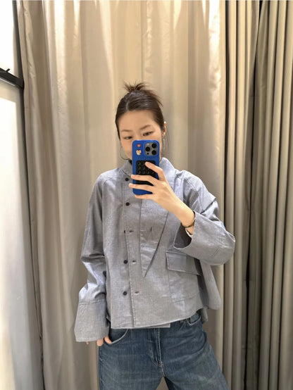 ETJ 2026 New Women's Designer Cotton High Neck Shirt Jacket Oversized Long Sleeve Minimalist Style Outerwear Top