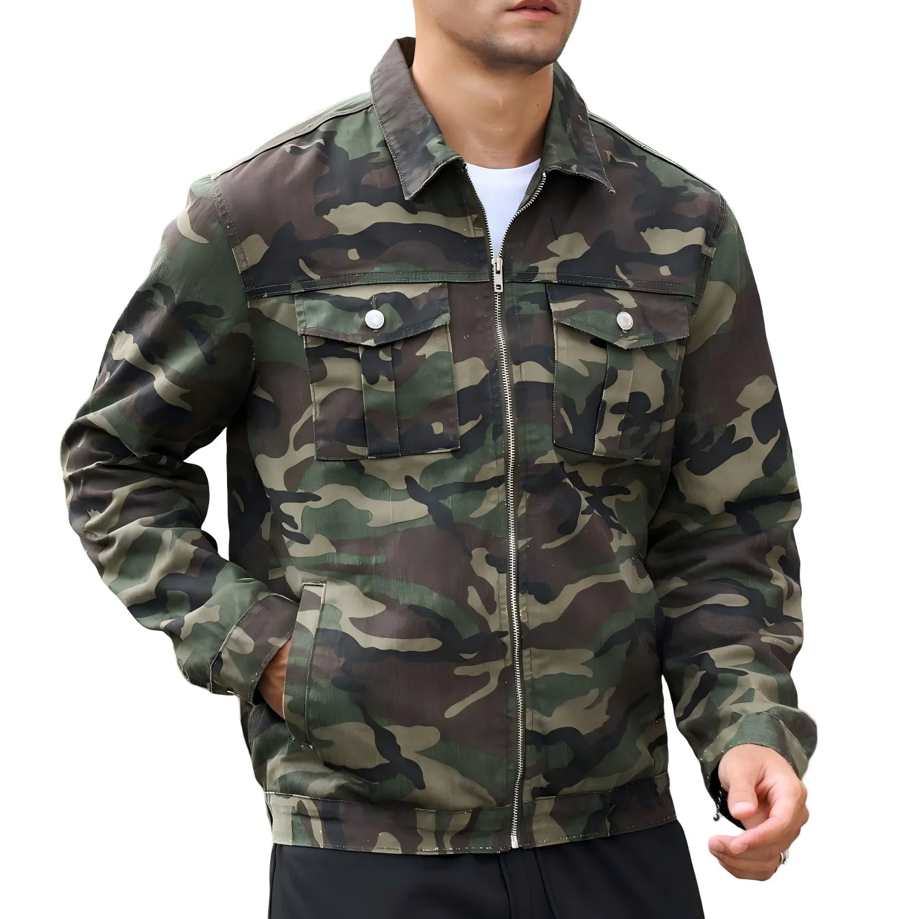 Men's Camouflage Work Jacket, Lapel Zipper Multi-pocket Casual Coat, Retro Trendy Top