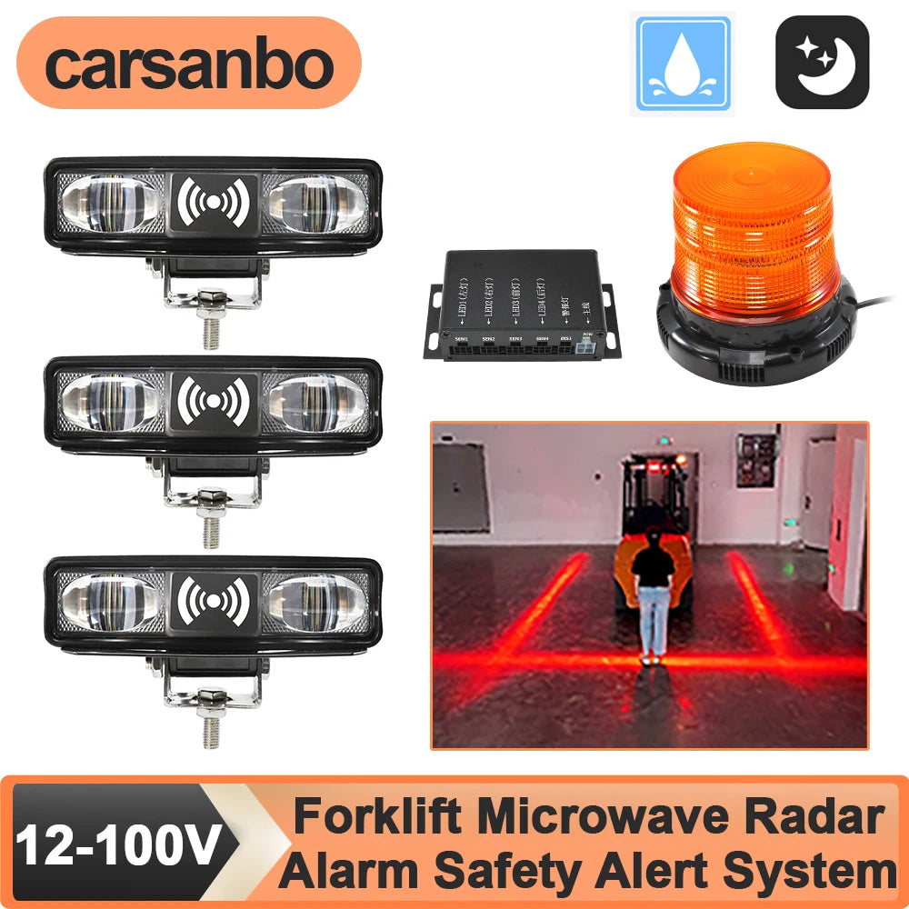 Carsanbo Forklift Area Radar Security Alert System with 3pcs Radar Warning Lights 1pcs Voice Flashing Alarm Light Magnetic Base