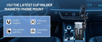 Magnetic Cup Holder Phone Mount, Compatible with MagSafe, 4.1" Base Adjustable Height Car Cup Holder Secure Fit for Car or SUV