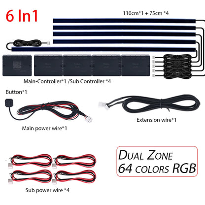 18 in 1 Dual Zone Symphony LED Car Ambient Lights RGB 64 Colors Interior Rainbow Acrylic Strip Neon Atmosphere Lighting Kit App