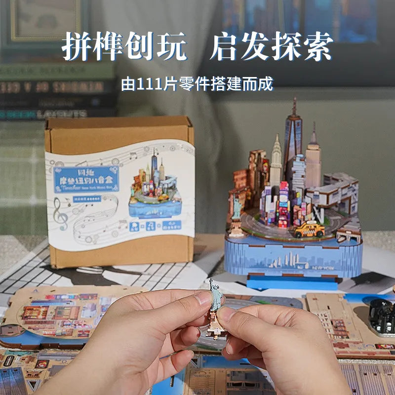 New Tonecheer New York London Paris Music Box Wooden Puzzle Blocks Diorama Model Kit 3D Wooden Doll Decoration Toy Birthday Gift