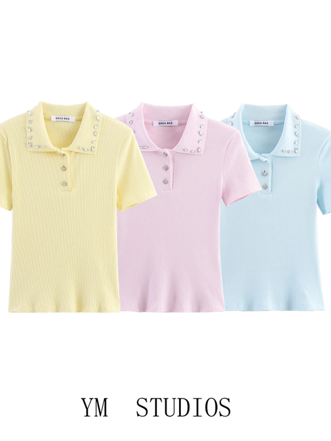 Retro American Diamond Embedded Short Sleeve Knitted T-shirt Women's Sweet Anti-aging Top Jewelry Collar Turn-down Collar
