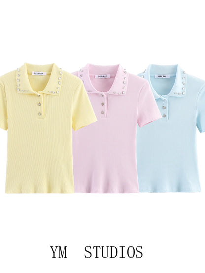 Retro American Diamond Embedded Short Sleeve Knitted T-shirt Women's Sweet Anti-aging Top Jewelry Collar Turn-down Collar