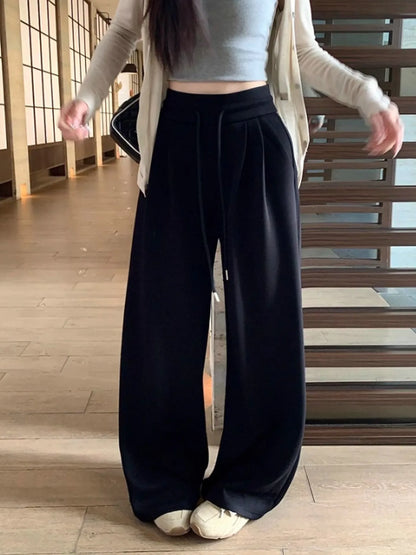 High Waist Wide Leg Sport Pants Women Loose Lazy Style Spring Autumn Casual Straight Long Trousers Comfortable High Waist