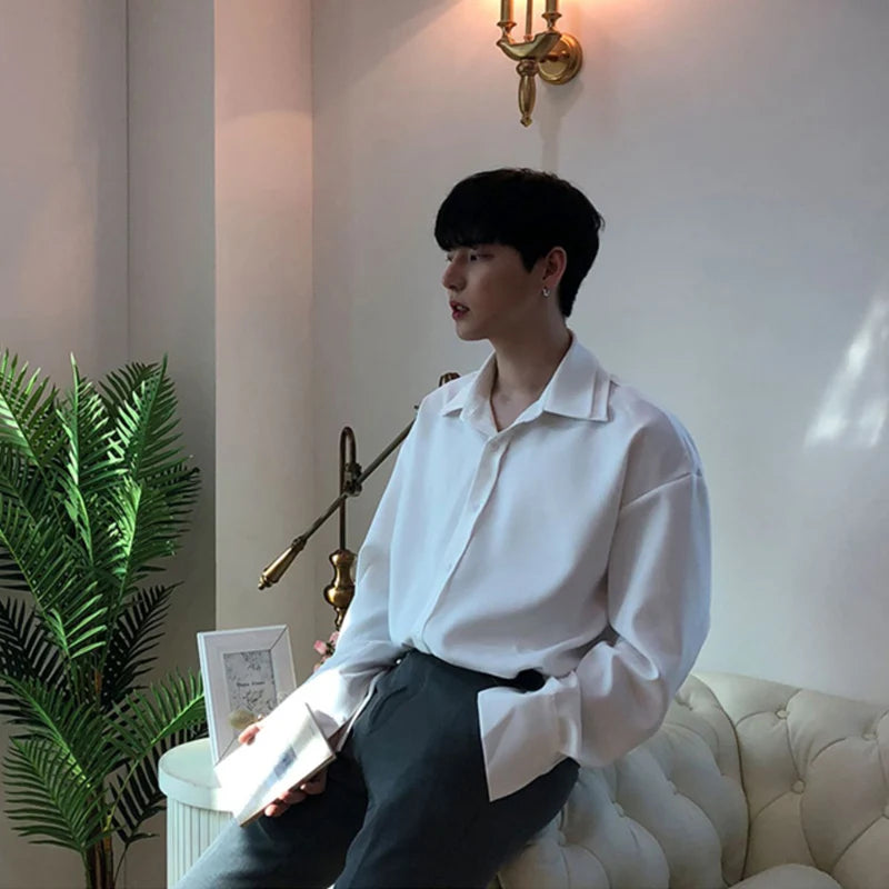 Double Collar Long Sleeve Shirt Men White Shirt Vintage Wine Red Shirts Men Korean Comfortable Blouse Casual Loose Lapel Shirt